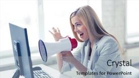  Presentation with crazy - Colorful presentation design enhanced with pc off - crazy businesswoman shouting in megaphone backdrop and a light blue colored foreground