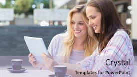  Presentation with women - Presentation theme with pc off - happy women friends looking background and a  colored foreground