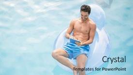  Presentation with low angle view of volleyball - Presentation enhanced with pc off - high angle view of man background and a light blue colored foreground