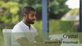  Presentation with using digital tablet - Beautiful PPT theme featuring pc off - man using digital tablet while backdrop and a  colored foreground