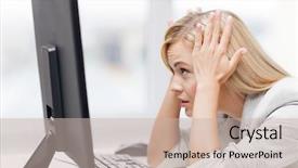  Presentation with stress at work - Slide deck enhanced with pc off - picture of stressed businesswoman background and a soft green colored foreground