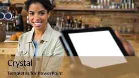  Presentation with female - Presentation theme consisting of pc off - portrait of smiling female customer background and a  colored foreground