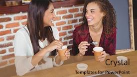  Presentation with coffee shop - Beautiful PPT layouts featuring pc off - pretty female friends enjoying backdrop and a coral colored foreground