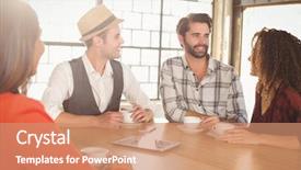  Presentation with coffee shop - Beautiful slide deck featuring pc off - smiling friends talking and having backdrop and a  colored foreground