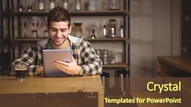  Presentation with coffee shop - Amazing PPT layouts having pc off - smiling hipster having coffee backdrop and a  colored foreground