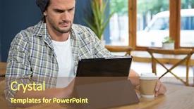  Presentation with digital - Slide set consisting of pc off - young man using digital table background and a  colored foreground