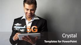  Presentation with internet communication - Amazing presentation design having pc on 5g high speed backdrop and a dark gray colored foreground