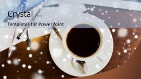  Presentation with coffee cup - Colorful slide deck enhanced with pc on table over snow backdrop and a  colored foreground