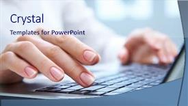  Presentation with black babies hands and feet in black human hands - Presentation theme having pc peripherals - human hands working on laptop background and a sky blue colored foreground