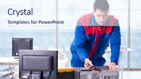  Presentation with computer - Beautiful PPT theme featuring pc processor - computer repairman specialist repairing computer backdrop and a sky blue colored foreground