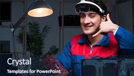  Presentation with late - Slide set featuring pc processor - computer specialist repairing pc late background and a navy blue colored foreground