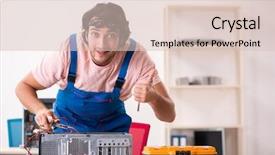  Presentation with contractor - PPT theme consisting of pc processor - young male contractor repairing computer background and a lemonade colored foreground