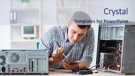  Presentation with computer workshop - Slide set having pc processor - young technician repairing computer background and a lemonade colored foreground