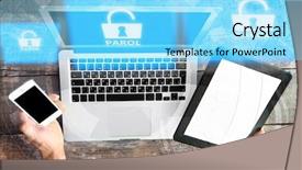  Presentation with defense technology - PPT theme with pc smartphone with icons security background and a arctic colored foreground