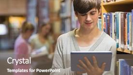  Presentation with tablet - PPT theme consisting of pc student - man standing at a bookshelf background and a violet colored foreground