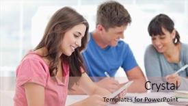  Presentation with smiling little girl - Amazing PPT theme having pc student - smiling girl sits beside some backdrop and a  colored foreground