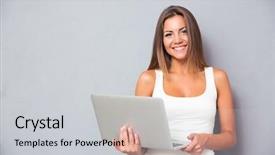  Presentation with five business people standing together and smiling - Slides enhanced with pc student - smiling young woman standing background and a light gray colored foreground