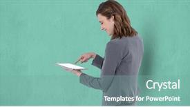  Presentation with turquoise - PPT theme enhanced with pc walpaper - digital composite of smiling businesswoman background and a  colored foreground