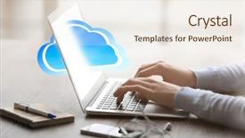  Presentation with storage - PPT theme having pc walpaper - female hands working on laptop background and a sky blue colored foreground