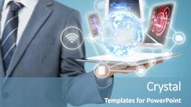  Presentation with computer - Cool new slide set with pc walpaper - midsection of businessman holding tablet backdrop and a teal colored foreground