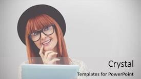  Presentation with tablet of stones - Cool new PPT layouts with pc walpaper - smiling hipster woman using her backdrop and a  colored foreground