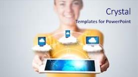  Presentation with hands holding black tablet - Colorful theme enhanced with pc walpaper - young woman holding tablet backdrop and a  colored foreground