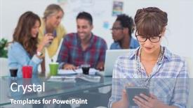  Presentation with tablet - Cool new PPT theme with pc with colleagues discussing behind backdrop and a seafoam green colored foreground