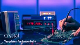  Presentation with electronics laboratory - Presentation theme featuring pcb-witch-microcontroller-in-electronics background and a navy blue colored foreground