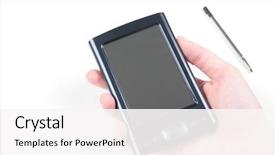  Presentation with mobile phone in woman hand - PPT layouts featuring pda in woman's hand background and a white colored foreground