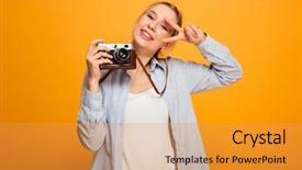  Presentation with fake braces - Amazing slide deck having peace gesture isolated over yellow backdrop and a  colored foreground