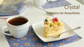  Presentation with tea cake - Slides featuring peace of tasty butter cake on plate tea cups on color wooden background background and a soft green colored foreground