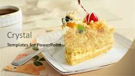  Presentation with tea cake - Presentation design enhanced with peace of tasty butter cake on plate tea cups on color wooden background background and a lemonade colored foreground