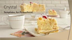  Presentation with tea cake - Beautiful slide set featuring peace of tasty butter cake on plate tea cups on color wooden background backdrop and a soft green colored foreground