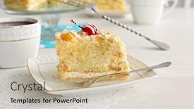  Presentation with tea cake - Slide set consisting of peace of tasty butter cake on plate tea cups on color wooden background background and a mint green colored foreground