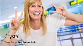  Presentation with weight loss woman showing - Presentation theme enhanced with peace sign at the airport background and a soft green colored foreground
