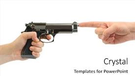  Presentation with gun - Colorful presentation design enhanced with peace war - hands and gun isolated backdrop and a white colored foreground