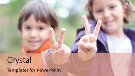  Presentation with victory - Cool new PPT theme with peace war - two children male and female backdrop and a coral colored foreground