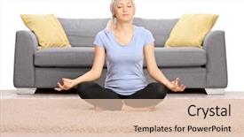  Presentation with peaceful - Colorful presentation enhanced with peaceful blond woman meditating seated on the floor in front of a gray sofa isolated on white background backdrop and a lemonade colored foreground