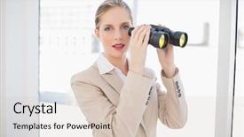  Presentation with peaceful - Cool new slide deck with peaceful blonde businesswoman in bright office holding binoculars backdrop and a soft green colored foreground