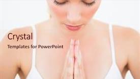  Presentation with peaceful - Presentation featuring peaceful blonde meditating with eyes closed at home against a white wall background and a lemonade colored foreground