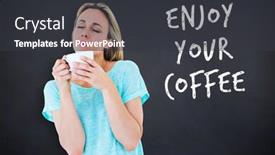  Presentation with beverage - PPT theme enhanced with peaceful blonde with hot beverage relaxing against black background background and a dark gray colored foreground