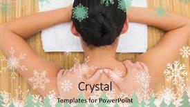  Presentation with snowflakes - Presentation theme with peaceful brunette enjoying a back massage against snowflakes and fir trees in green background and a coral colored foreground