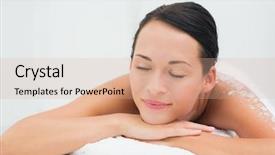  Presentation with peaceful - Colorful slide set enhanced with peaceful brunette lying with salt scrub on back in the health spa backdrop and a coral colored foreground