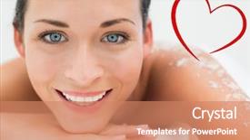  Presentation with peaceful - PPT layouts featuring peaceful brunette lying with salt scrub on back smiling at camera against heart background and a coral colored foreground