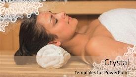  Presentation with peaceful - Audience pleasing presentation consisting of peaceful brunette relaxing in a sauna against snowflake frame backdrop and a coral colored foreground