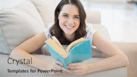 Presentation with peaceful - Cool new slide set with peaceful cute woman lying on a cosy couch reading book in bright living room backdrop and a mint green colored foreground
