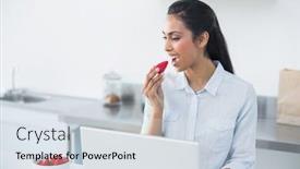 Presentation with peaceful - Beautiful PPT theme featuring peaceful dark haired woman eating strawberry standing in bright kitchen backdrop and a sky blue colored foreground