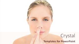  Presentation with peaceful - Beautiful presentation theme featuring peaceful fresh blonde woman touching her nose on white background backdrop and a lemonade colored foreground
