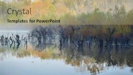  Presentation with autumn morning - Amazing PPT theme having peaceful lake view in the morning with fog during the autumn backdrop and a coral colored foreground
