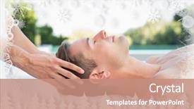  Presentation with snowflakes - PPT layouts consisting of peaceful man getting a head massage poolside against fir tree forest and snowflakes background and a coral colored foreground